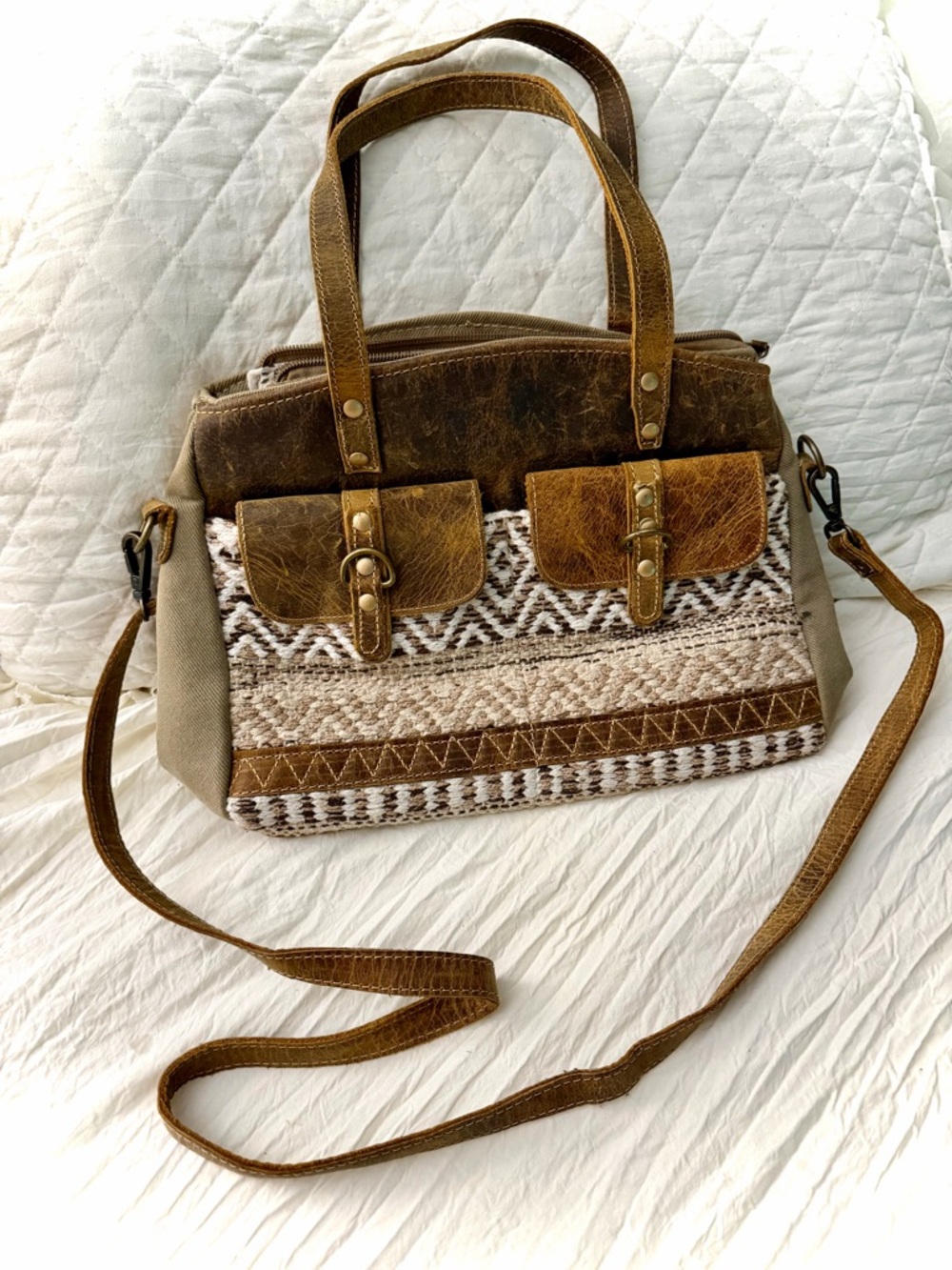 Myra Bag Brown Woven Leather-Accent Shoulder Satchel